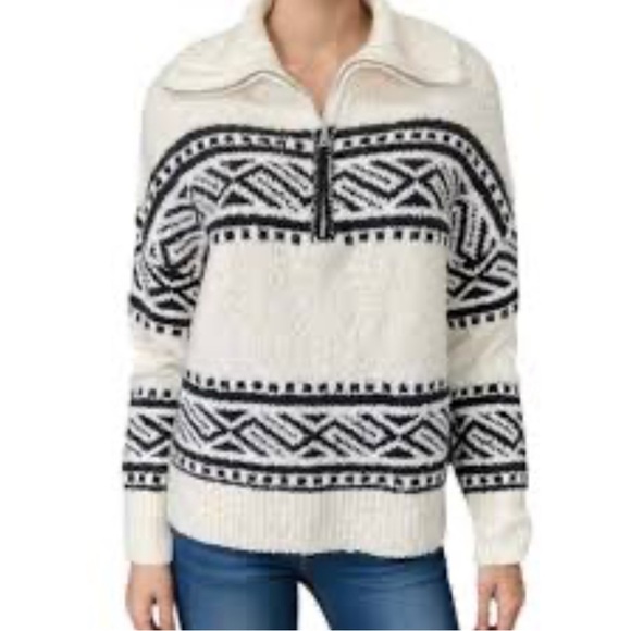 Joie Sweaters - Joie Womens Cream Black Aztec Pattern Partial Zip Chunky Sweater Size Small